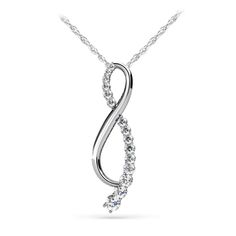 This journey diamond necklace is suspended by a white gold cable-link chain and features fifteen graduated round cut diamonds (0.01ct - 0.10ct) running along one side. Approximately 1/2 carat total weight and proudly made in the USA. Elegant Spiral Jewelry With Diamond Accents, Fine Jewelry Spiral Jewelry For Anniversary, Modern Twist Diamond White Jewelry For Formal Occasions, Formal Diamond White Jewelry With A Modern Twist, Classic Spiral Jewelry For Formal Occasions, Infinity-shaped Brilliant Cut White Gold Jewelry, White Gold Infinity Jewelry With Brilliant Cut, White Spiral Jewelry For Anniversary, Formal Spiral Diamond Jewelry