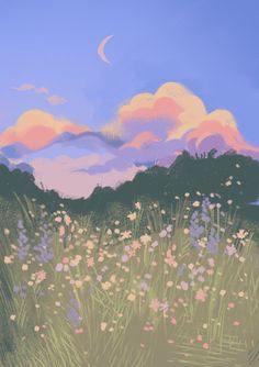 a painting of flowers and grass in front of a sky with the moon above it