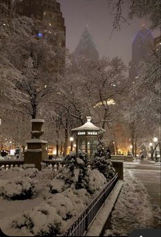 the snow covered park is lit up by street lamps and buildings in the city at night