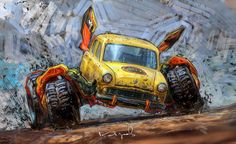 a painting of a yellow monster truck with big wheels