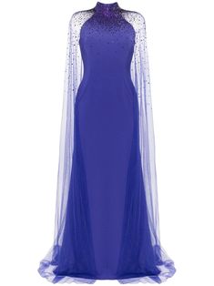 blue crystal embellishment tulle panel cape design stand-up collar sleeveless concealed rear zip fastening floor-length Cape Designs, Wedding Guest Looks, Embellished Gown, Jenny Packham, City Dress, Pretty Dresses, Denim Dress, All Fashion, Jacket Dress