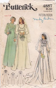 This vintage Butterick sewing pattern was designed in 1977. It makes a fitted and flared gown with a raised waist. Size 14: Bust 36   ---   Waist 28   ---   Hip 38. The pattern has been neatly used and is complete. The instructions are included. The envelope is in poor condition and will arrive in an archival sleeve. To see more bridal patterns: https://www.etsy.com/shop/studioGpatterns?section_id=7331057 To visit my shop: https://www.etsy.com/shop/studioGpatterns Pattern Wedding Dress, Vintage Wedding Dress Pattern, Wedding Gown Patterns, Bridal Sewing Patterns, Vintage Dress Pattern, 70s Wedding Dress, Butterick Dress Patterns, 1970s Wedding Dress, 70s Wedding