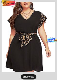 Women's Plus Size Casual Dress A Line Dress Leopard Mini Dress Short Sleeve Lace Up Print V Neck Fashion Outdoor Black Red Spring Summer Xl Xxl 3xl 4xl 5xl Dresses Shein, Look Plus Size, Casual Tunics, Midi Dress Summer, Moda Plus, Look Plus, Plus Size Dress, Plus Size Casual, Belted Dress