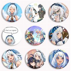 six buttons with anime characters on them, one saying i feel so normal and the other saying