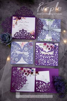 purple and white wedding stationery with flowers on the bottom, lace trim around the edges