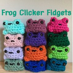 there are many crocheted cell phones that have faces on them and the words frog clicker fidgets