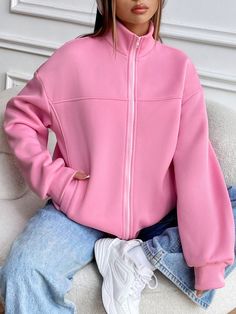 1pc Casual Solid Color Stand Collar Fleece Sweatshirt, Autumn/Winter,Long Sleeve Tops Pink Casual  Long Sleeve Knitted Fabric Plain Zip Up Slight Stretch  Women Clothing, size features are:Bust: ,Length: ,Sleeve Length: Pink Winter Sweatshirt With Zipper Closure, Pink Fleece-lined Outerwear For Fall, Pink Fleece-lined Outerwear For Streetwear, Pink Athleisure Sweatshirt With Double-lined Hood, Cheap Pink Fleece-lined Outerwear, Fleece Sweatshirt, Casual Pullover, Comfy Casual, Long Sleeve Knit