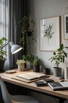 a wooden desk topped with lots of potted plants next to a lamp and books