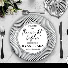 a plate with the words, welcome to the night before celebrating ryan and jada