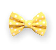 a yellow bow tie with white polka dots