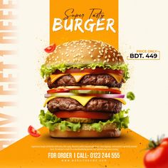 an advertisement for burger restaurant with cheese and lettuce on the bun, tomato and onion