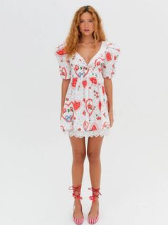 Daisy Mae Mini Dress — White | For Love & Lemons Sundress With Sleeves, Daisy Mae, Mini Dress White, Mini Sundress, Cherry Print, Italian Summer, Lace Bows, For Love & Lemons, Gathered Skirt