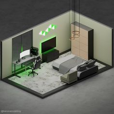 a room with a bed, desk and chair in it that is lit up by green lights