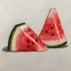 a drawing of two slices of watermelon are shown in color pencil on paper