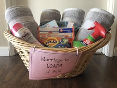 a basket filled with towels and personal care items