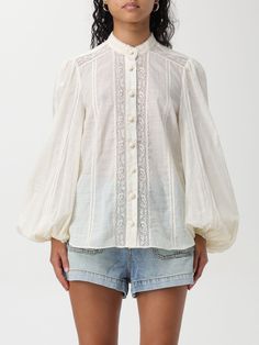 Shirt ZIMMERMANN Woman color Cream India Clothes, Long Skirt Fashion, Cream Shirt, Shirts And Blouses, Romantic Lace, Tops Blouse, Style Tops, Long Puff Sleeves, Band Collar