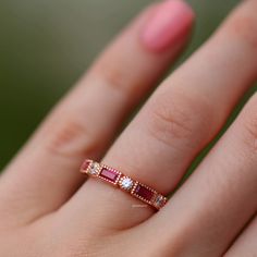 Ari Vintage Ruby Band- 14K Rose Gold Vermeil Classic 14k Rose Gold Ruby Ring For Anniversary, Classic Rose Gold Ruby Ring For Anniversary, Heirloom Ruby Ring In Rose Gold For Anniversary, Heirloom Rose Gold Ruby Ring For Anniversary, Rose Gold Stackable Ruby Ring For Anniversary, Stackable Rose Gold Ruby Ring For Anniversary, Rose Gold Emerald Cut Ruby Ring For Wedding, Wedding Rose Gold Ruby Ring With Diamond Cut, Anniversary Rose Gold Stackable Ruby Ring