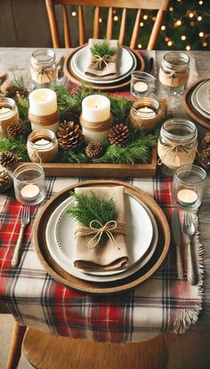 the table is set for christmas dinner with pine cones, candles and plaid napkins