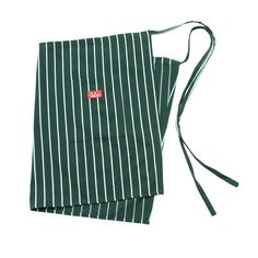 a green and white striped apron with a red tag on the front, hanging from a string