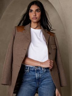 Riding Jacket with Leather Patches | Banana Republic 2023 Wardrobe, Fashion Makeover, Toddler Jeans, Riding Jacket, Style 2023, Banana Republic Women, Future Fashion, Fall 2023, Supima Cotton