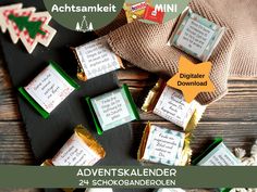 Are you looking for an Advent calendar that will help you practice mindfulness during Advent and at the same time enjoy delicious chocolate with a cup of tea and a good book? Or would you like to make a calendar for your loved one who should use the Christmas season for self-care after a stressful year? Then this download with 24 Christmas-themed wrappers, each with a mindfulness exercise, is just right for you. The bands fit Ritter Sport Mini and Hanuta Mini bars, so every day is a new surprise Make A Calendar, Ritter Sport, Mini Bars, Practice Mindfulness, Mindfulness Exercises, Advent Calendars, A Cup Of Tea, Delicious Chocolate, Print Templates