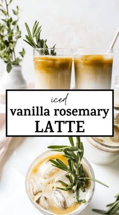 vanilla rosemary latte with ice and herbs on the side, served in small glasses