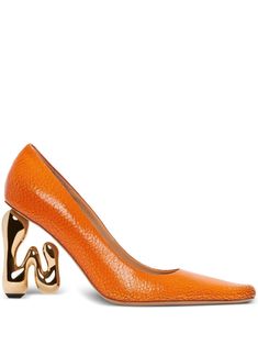 JW Bubble Heel leather pumps from JW Anderson featuring carrot orange, calf leather, sheepskin, cracked effect, gold-tone hardware, square toe, branded footbed and sculpted heel. Shoe Closets, Chloe 2024, Orange Pumps, Orange Heels, Food Babe, Designer High Heels, Heel Design, Shoe Inspo, Breathtaking Beauty