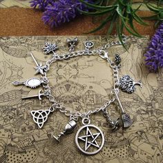 Silver Plated Charms Wiccan Bracelet For Sale | Green Witch Creations Spiritual Men, Love Tarot Card, Gemstones Pendant, Major Arcana Cards, Trending Necklaces, Metal Charm, Pendant Bracelet, Chain Link Bracelet, Silver Bracelets