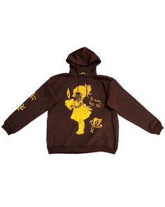 Brown recycled cotton-blend hoodie with yellow graphic print. Features pockets, drawstring at hood and ribbed hem and cuffs. Chopova Lowena, Brown Hoodie, Yellow Hoodie, Recycled Cotton, Graphic Prints, Cotton Blend, Yellow, Quick Saves