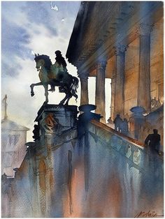 a painting of a horse statue on top of a building