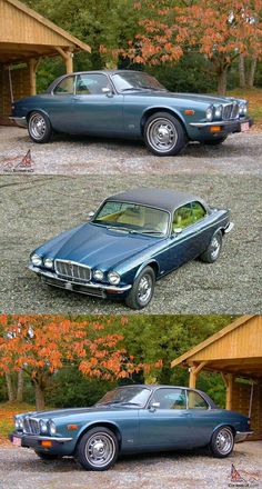 three different pictures of an old car in front of a garage with autumn leaves on the ground