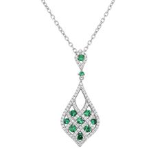 "Designed with lab-created green spinels accented with scintillating cubic zirconia stones, this teardrop necklace is simply beautiful.PENDANT DETAILS Pendant dimensions: 1.38 in. x 0.5 in. Chain length: 18 in. Chain type: cable Clasp: lobster-claw Metal: sterling silver Plating: rhodium Packaging: boxed STONE DETAILS Stone type: lab-created green spinel Total weight: 1/5 ct. Shape: round Setting: prong CUBIC ZIRCONIA DETAILS Total weight: 1/5 ct. Shape: round Setting: prong Size: 18"". Gender: Elegant Green Pear-shaped Diamond Necklace, Fine Jewelry Green Pear-shaped Necklaces, Fine Jewelry Green Pear-shaped Necklace, Elegant Green Dangle Drop Necklace, Green Pear-shaped Fine Jewelry Necklaces, Green Pear-shaped Fine Jewelry Necklace, Green Diamond Drop Jewelry, Green Pendant Necklace With Diamond Accents, Pear-shaped Emerald Necklace With 17 Jewels