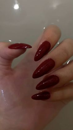 red nails❤️ Gel X Nails Almond Red, Nails Acrylic Wine Red, Dark Matte Red Nails, Nails Dark Feminine Energy, Red Sharp Almond Nails, Dark Red Stilletos Nails, Cute Dark Red Nails, Red Nails For Tan Skin, Red Basic Nails