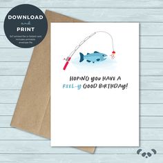 a card with the words happy birthday to you have a fish on it and a fishing rod