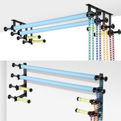 two pictures of the same rack with different colored tubes attached to it, and one has multiple