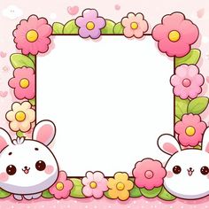 two cute little bunnies are in front of an empty sign with flowers and hearts