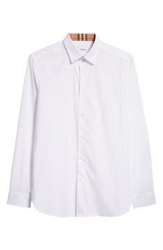 Embroidered with the iconic Equestrian Knight at the chest, this stretch-poplin button-up polishes your look while paying homage to the house's heritage. 30 1/2" length; 41" chest (size Medium) Front button closure Spread collar Long sleeves with button cuffs 96% cotton, 4% elastane Machine wash, line dry Imported Men's Designer Clothing Designer White Dress Shirt For Work, Elegant Long Sleeve Poplin Shirt, Classic Button-up Shirt With Functional Buttons, Classic Long Sleeve Poplin Dress Shirt, Elegant Poplin Shirt With Button Cuffs, Elegant Button-up Poplin Shirt, Elegant Poplin Shirt For Spring, Elegant Spring Poplin Shirt, Elegant White Poplin Shirt