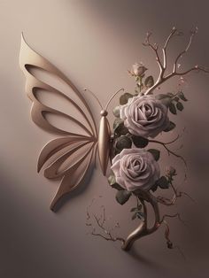 an artistically designed butterfly with roses on it's back and wings attached to the wall