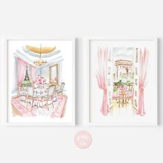 two watercolor paintings with pink curtains and chandelier in the background, one is an ornate dining room