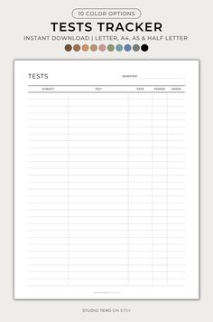 a printable test sheet with the words tests ker and an image of several different colors