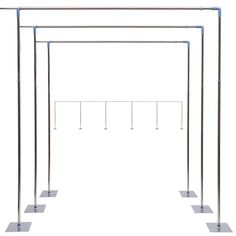 an empty metal structure with four poles and three hooks on each side, against a white background