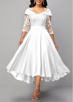 Color:White;Size:S;Size:M;Size:L;Size:XL;Size:XXL;Package Contents:1 X Dress;Occasion:Other;Style:Elegant; Women White Dress, White Church Dresses, White Shirt Wedding Dress, Feminine Vintage White Lace Dresses, White Midi Length Dresses With Delicate Lace, Elegant White Robe With Lace Sleeves, White A-line Lace Dress For Garden Party, White Feminine Dress With 3/4 Sleeves, Tea Length Wedding Dress Vintage