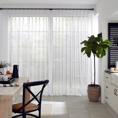 a dining room table and chairs with a potted plant in front of the window