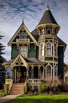 an old victorian style house with green trim and white trim on the front porch, stairs leading up to the second floor