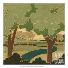 an image of a painting with trees and water in the foreground, on a green background