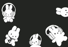 four cartoon rabbits with headphones on and one is listening to the same earphone