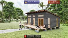 the tiny house is built on stilts and has two porches for people to sit outside