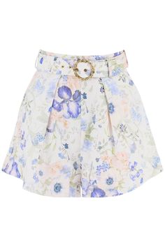 BLGRP ZIMMERMANN  FLORAL LINEN NATURE SHORTS FOR Belted Shorts, Heron Preston, Moon Boots, See By Chloe, Linen Shorts, Pure Linen, Metal Buckles, Linen Fabric, Fashion Designer