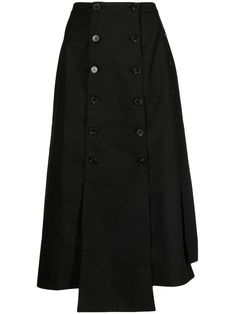 Black multi-buttoned panel skirt from ROKH featuring double-breasted button fastening, two thigh-high side slits, long sleeves and mid-length. Chic Formal Skirt With Buttons, Workwear Flared Skirt With Buttons, Flared Buttoned Skirt For Workwear, Black Skirt With Buttons For Formal Occasions, Buttoned Flared Skirt For Work, Flared Workwear Skirt With Buttons, Classic Formal Skirt With Buttons, Black Buttoned Skirt For Formal Occasions, Elegant Office Skirt With Side Buttons