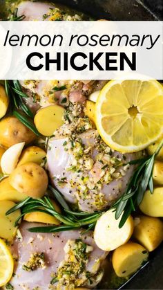 lemon rosemary chicken in a skillet with potatoes and lemons on the side text overlay says lemon rosemary chicken